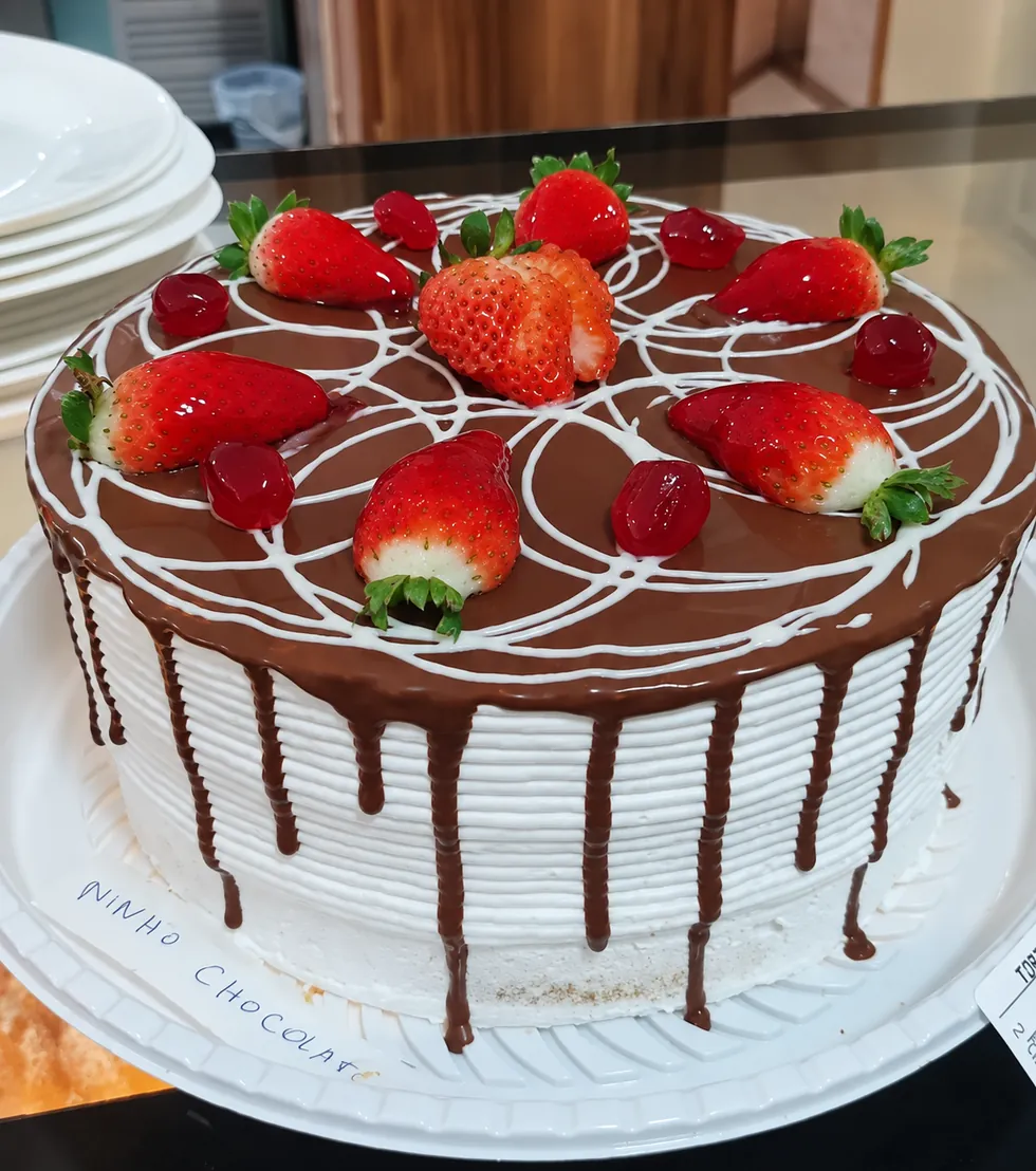 Bolo de chocolate coberto com morangos frescos