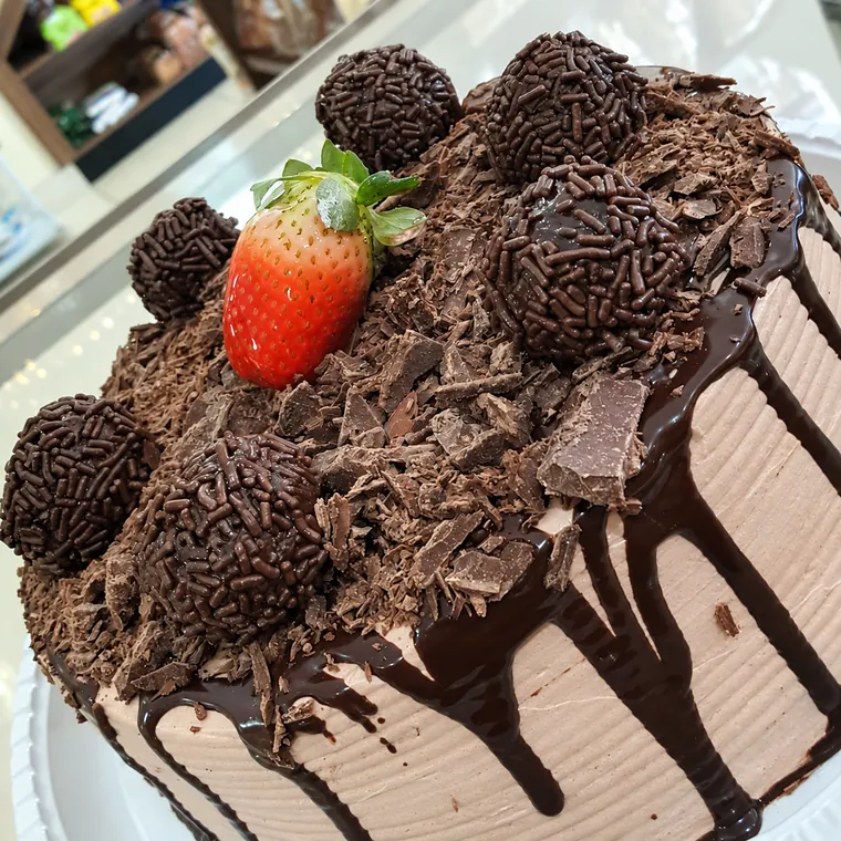 Fatia de bolo de chocolate com morango