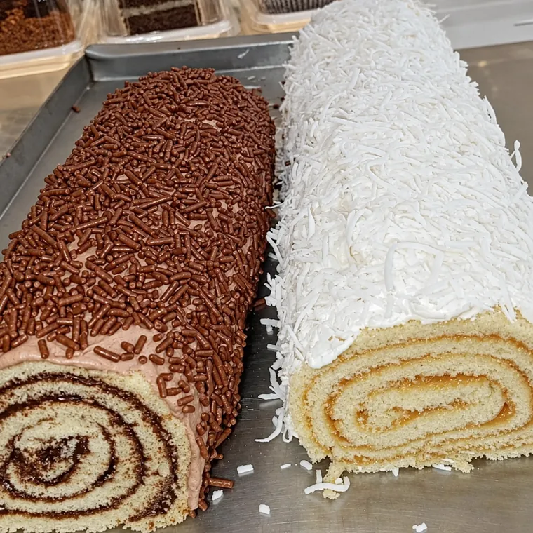 Rocambole de chocolate e rocambole de coco